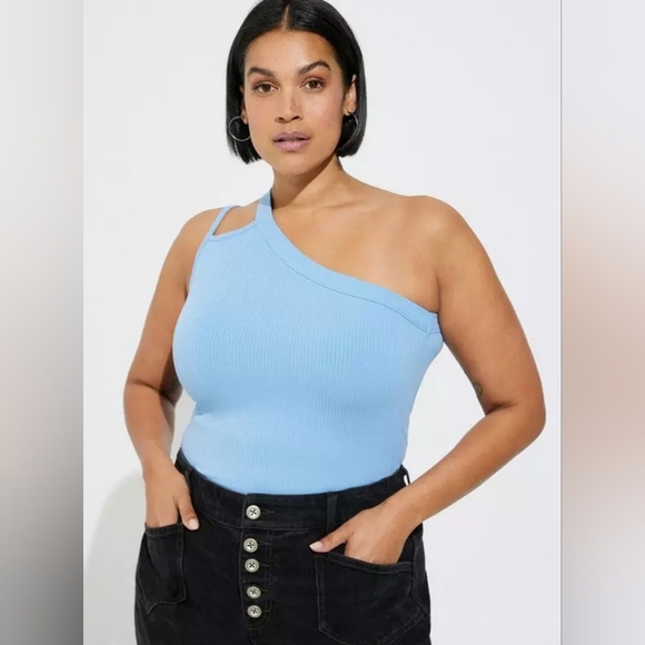 Tory Blue Ribbed One Shoulder Tank - Picture 1 of 12